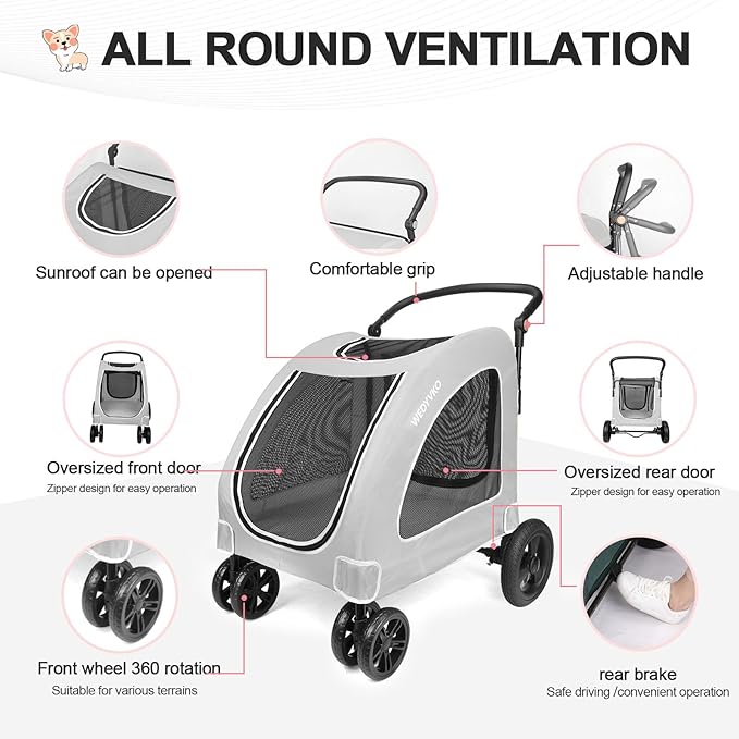 Dog Stroller with 4 Wheels, Folding Cat Strolling for Small/Medium/Large Dogs & Cats to 120 lbs, pet Stroller with Removable Carrier, Storage Basket,Cup Holder (Gray)