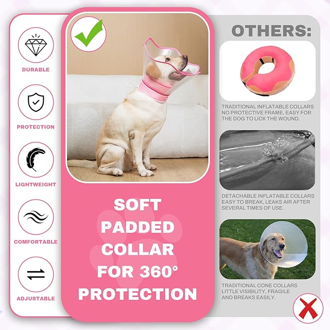 Soft Dog Cone Collar After Surgery,2-in-1 Adjustable Sponge Recovery Collar to Stop Licking Biting Wounds, Pet Elizabethan Dog Cone Alternative with Shield, M