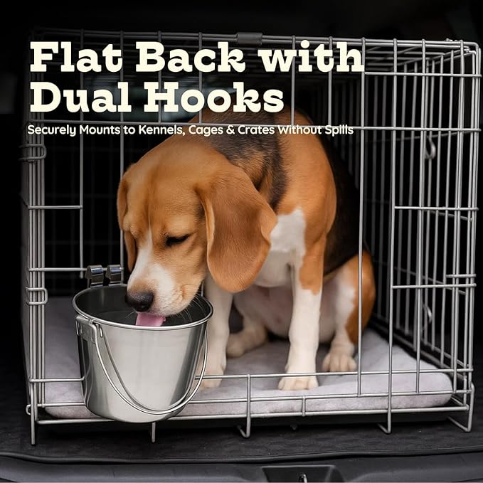 4 Quart Stainless Steel Flat Sided Pail with Dual Hooks | Hanging Bucket for Dogs, Cats, Goats & Livestock | Durable Food & Water Bowl Fits Kennels, Crates & Cages | Multipurpose Use