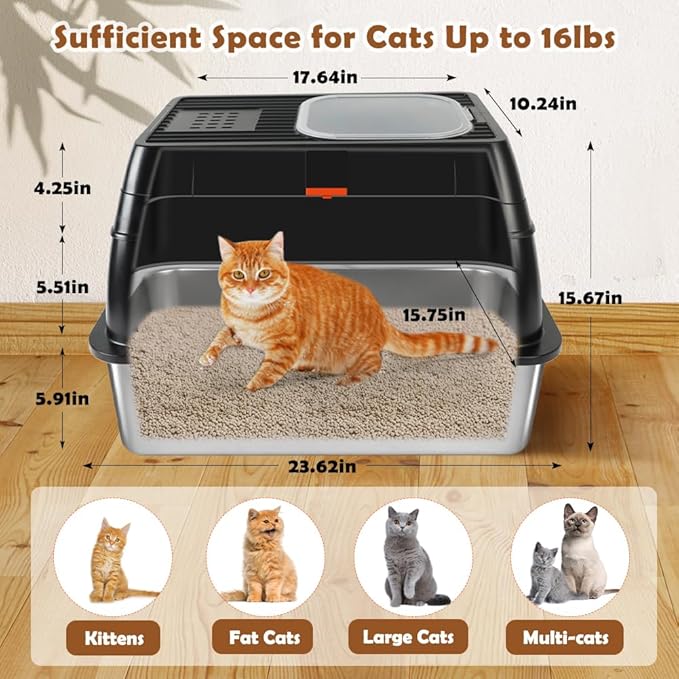 Vivifying Stainless Steel Litter Box with Lid, XL Front Entry Enclosed Extra Large Litter Box for Big Cats & Kitty, Top Exit Metal Cat Pan with Scoop, Mat, Footboard, Charcoal Filter (Black)