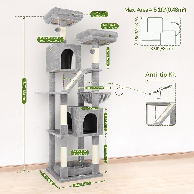 Globlazer Large Cat Tree Tower for Indoor Cats, 74in Tall Sturdy Cat Tree Condo for Large Cat with Scratching Posts and Board, Cat Condos for Adult Cats Kittens, Top Perches，Pet Bed, F74D, Light Grey