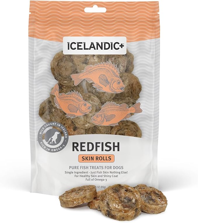 Icelandic+ Skin Rolls: Redfish - 3oz Bag, Dog Treats, Pure Wild-Caught Air-Dried Fish, Single Ingredient Snacks, Pe Chews, Just The Fish Nothing Else