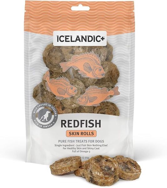 Icelandic+ Skin Rolls: Redfish - 3oz Bag, Dog Treats, Pure Wild-Caught Air-Dried Fish, Single Ingredient Snacks, Pe Chews, Just The Fish Nothing Else