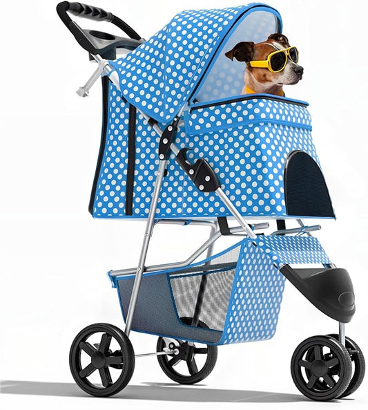 Magshion 3-Wheel Pet Stroller, Foldable Travel Jogger for Small & Medium Dogs & Cats (Up to 33lbs), Lightweight Carrier with Breathable Mesh Cover, Cup Holder & Storage Basket, Sky Blue Polka Dots