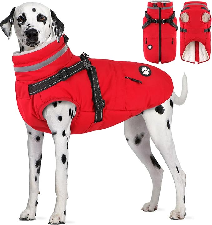 Dogcheer Dog Coat with Harness, Waterproof Dog Jacket, Christmas Puppy Winter Coat with Pocket, Reflective Doggy Turtleneck Puffer Vest for Small Medium Large Dogs - Red, L