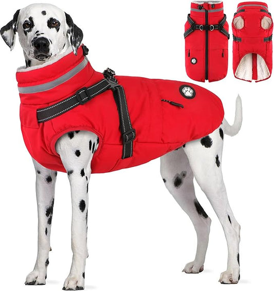 Dogcheer Dog Coat with Harness, Waterproof Dog Jacket, Christmas Puppy Winter Coat with Pocket, Reflective Doggy Turtleneck Puffer Vest for Small Medium Large Dogs - Red, L