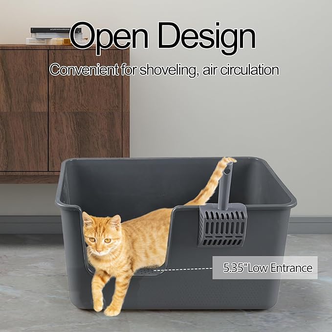 Xyskin 2-Pack Plastic Open Top Cat Litter Box, High Sides Cat Litter Pan with Scoop, Grey