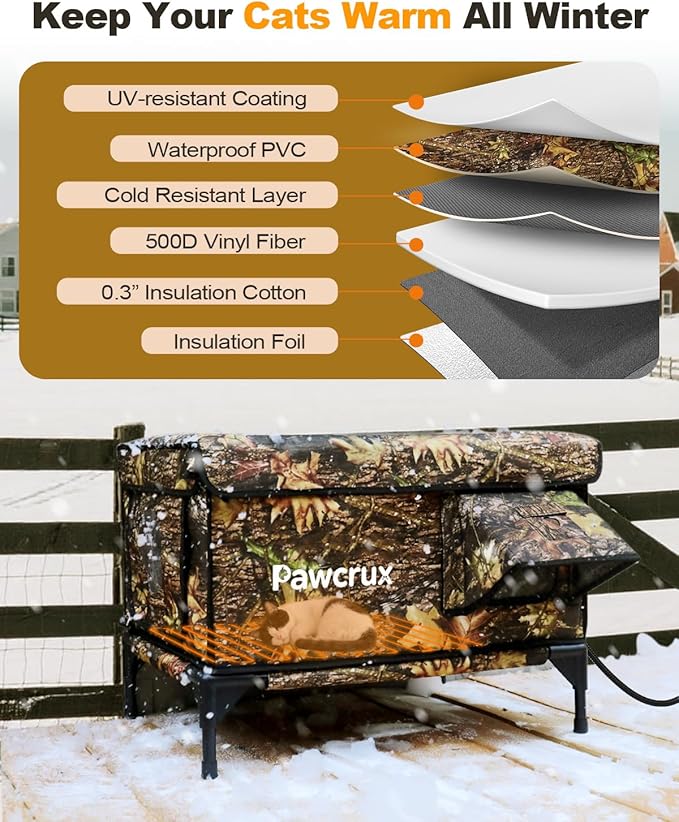 Heated Cat House for Outdoor in Winter, Insulated & Safe Escape Door & Waterproof Heated Cat Bed Shelter with Heating Pad, Warm Home for Outside Feral Barn Stray Kitty(Leaf Color, 17"x25"x17")