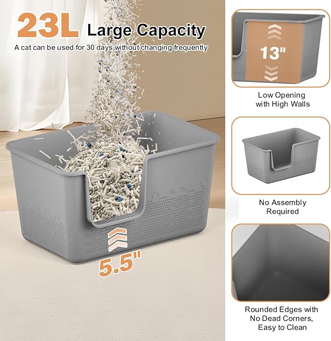 Cat Litter Box with High Sided,24.8" Lx11.4 Wx13.0 H,Extra Large Cat Litter Box for Big Cats,XL Jumbo Kitty Litter Box for Indoor Cats,Tool-Free Assembly (Grey)