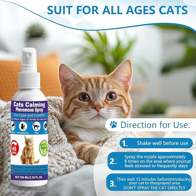 Cat Pheromone Calming Spray – Managing Stress-Related Behaviors in Kittens and Cats – with F3 Facial Pheromone and Valerian – Reduces Scratching, Spraying, and Hiding – 2 Pack / 6.76oz