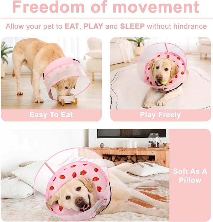 Inflatable Dog Cone Collar for Large Medium Small Dogs, Soft Dog Donut Collar Adjustable Recovery Cone for Pets After Surgery, Extra Enhanced Anti-Licking Guard Shield (Strawberry Print, Medium Plus)