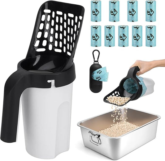 MYPIN Cat Litter Scooper with Holder, Upgraded Cat Litter Shovel with Bags and Waste Can, Cat Scooper with Extra 135 Count Litter Waste Bags, Large Capacity Portable Litter Shovel