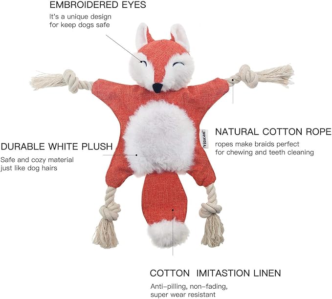 Fox Dog Toy with Squeaker, Stuffless Dog Toy Crinkle Hunting Dog Toy Plush Durable Dog Squeaky Toys Cotton Rope Dog Toy Throughout the Body Cute Dog Chew Toys for Puppies with Eyes Embroidery Design