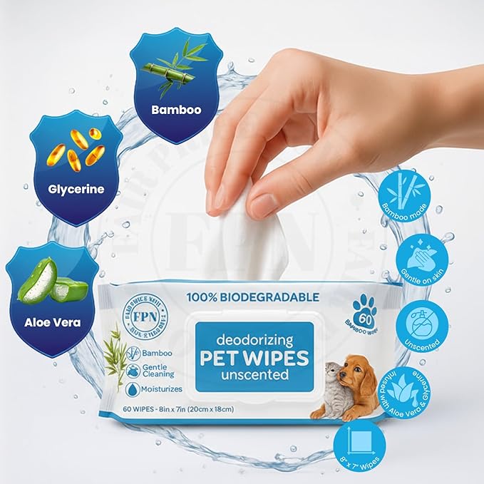Pet Cleaning Wipe – Unscented Bamboo Grooming Wipes for Dogs & Cats – No Alcohol or No Harsh Chemicals – Soft – 7x8 in (4 CT)