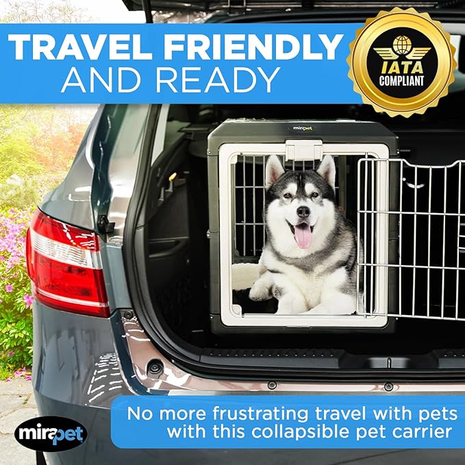 USA Pet Carrier & Crate 35" - Premium Collapsible Design for Medium Cats and Dogs - Portable Kennel for Indoor/Outdoor - 360° Ventilation & Hard Plastic Wall Protection (Gray Handle, Large)