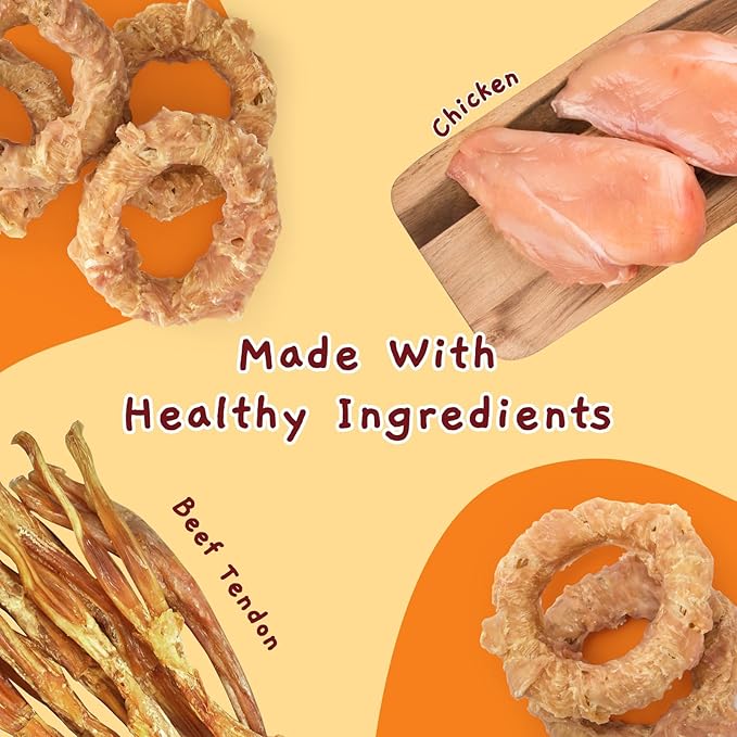 Jungle Calling Beef Tendons for Adult Dogs, Chicken Wrapped Tendons Dog Chews Long Lasting Hip and Joint Supplement for Dogs with Glucosamine (Ring)
