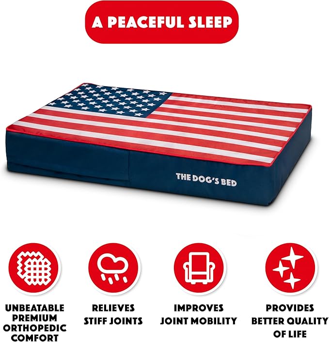 The Dog’s Bed Orthopedic Memory Foam Dog Bed, Large Blue & Red Trim USA Center Flag 40x25,Pain Relief for Arthritis, Hip & Elbow Dysplasia, Post Surgery, Supportive, Calming, Waterproof Washable