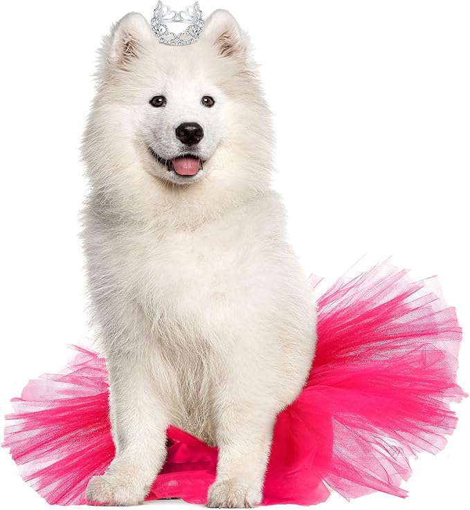 2 Pcs Dog Crown Headband Dog Tutu Dress Set Crystal Rhinestone Tiara Crown Tutu Skirt Pet Dress Costume for Puppy Birthday Party Wedding Photo Prop Costume(Large,Rose Red)