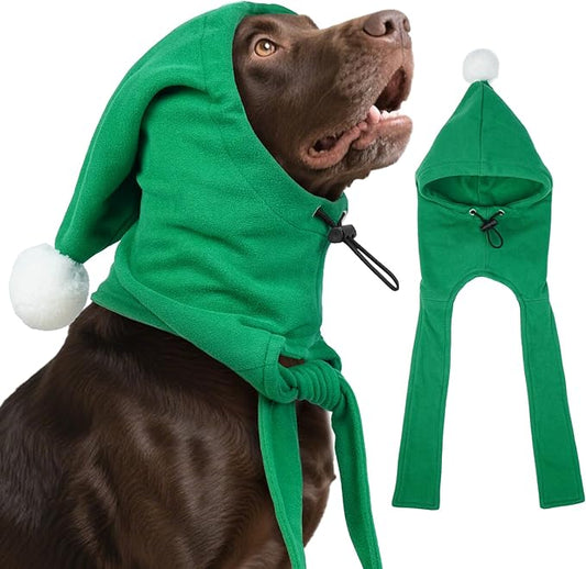 DENTRUN Dog Winter Hat - Cozy Fleece Hood & Scarf for Large Dogs, Noise-Greenucing Ear Cover, Christmas Costume, Green (L:12-18" Head Girth)