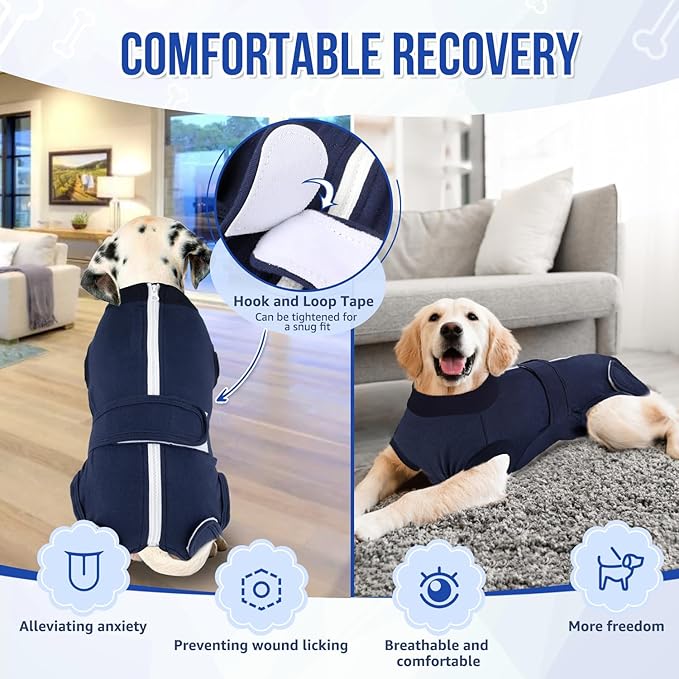 Lukovee Recovery Suit for Dogs, Zipper-On Onesie for Female Male Dog, Abdominal Wounds Cone E-Collar Alternative, Prevent Licking Spay (4XL, Dark Blue)