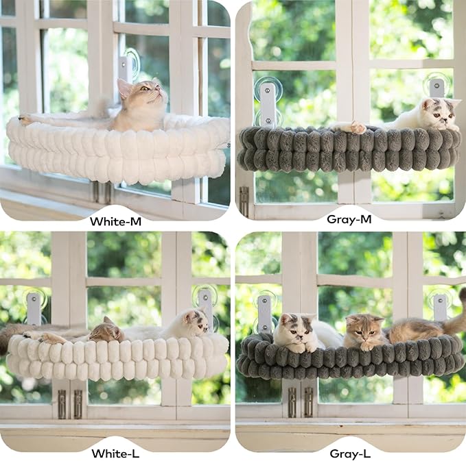 CHEERPALS Cat Window Perch for Indoor Cats Hammock for Window with Reversible Cushion, Foldable Cat Window Bed for Large Cats and Kittens(White,Medium)