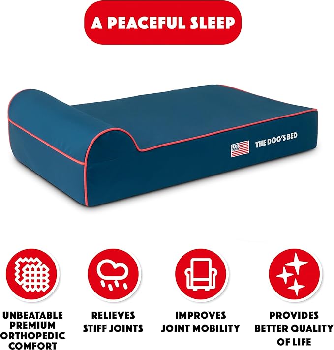 The Dog’s Bed Orthopedic Headrest Dog Bed Large Blue Oxford with Red Trim US Flag Dog Bed, Memory Foam, Hip & Elbow Dysplasia, Lameness, Waterproof Washable Cover