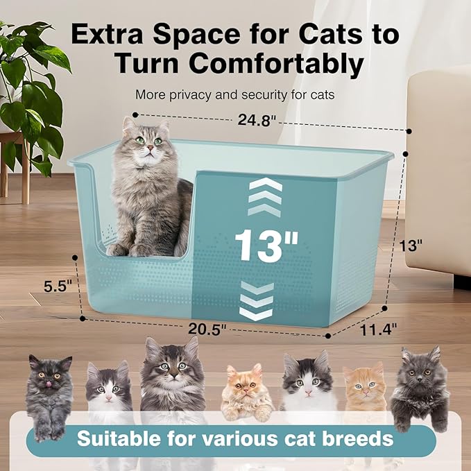 Extra Large Cat Litter Box with High Sided,24.8" Lx11.4 Wx13 H,Clear Jelly Color, Jumbo Litter Box for Big Cats,XL Cat Box for Multiple Cats,Kitty,Giant,Anti-Splashing,Easy to Clean (Blue)