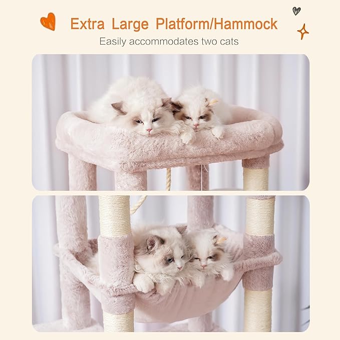 Heybly Cat Tree for Large Cats 20lbs Heavy Duty,60 inches XXL Cat Tower for Indoor Cats, Multi-Level Furniture Condo with Big Padded Plush Perch, Cozy Basket, Muchroom HCT050MU