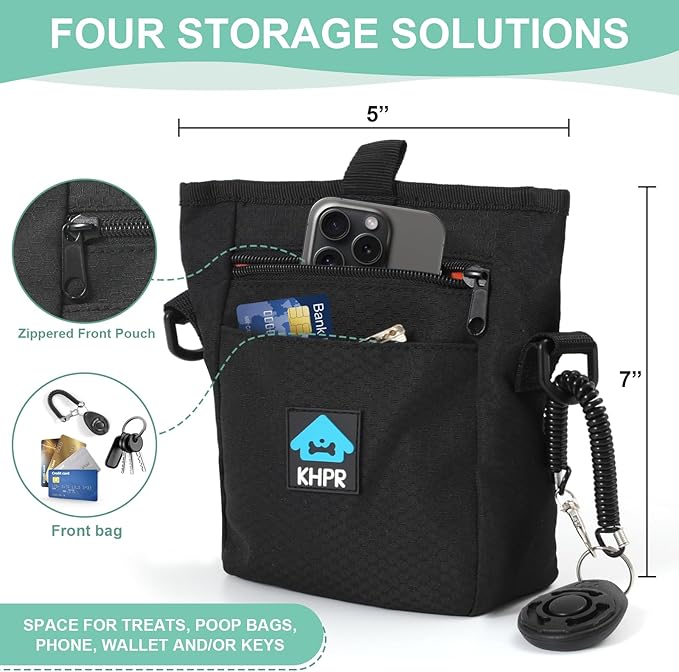 Dog Treat Pouch Magnetic Closure with Training Clicker，Hands-Free Design to Prevent Spills，Built in Poop Bag Dispenser，3 Ways To Wear，Metal Clip Waist Belt and Fanny Pack for Pet Walking（Black）