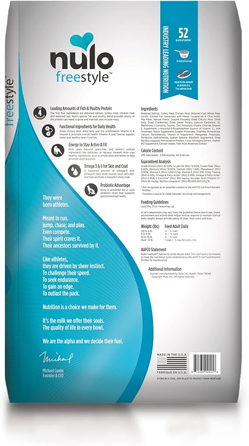 Nulo Freestyle High Protein Trim Cat Food, Salmon & Lentils Recipe - Natural Grain-Free Dry Cat Food for Weight Management with l-Carnitine, Natural Fiber, & Probiotics, 2 lb Bag