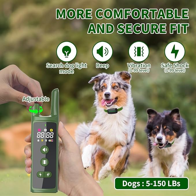 Dog Training Shock Collar 4000FT Dog Bark Collar with Remote IP67 Waterproof 4 Training Modes Beep Vibration Shock Light Mode Magnetic Charger Electric Dogs Collar 8-25 inches Double shock Olive Green