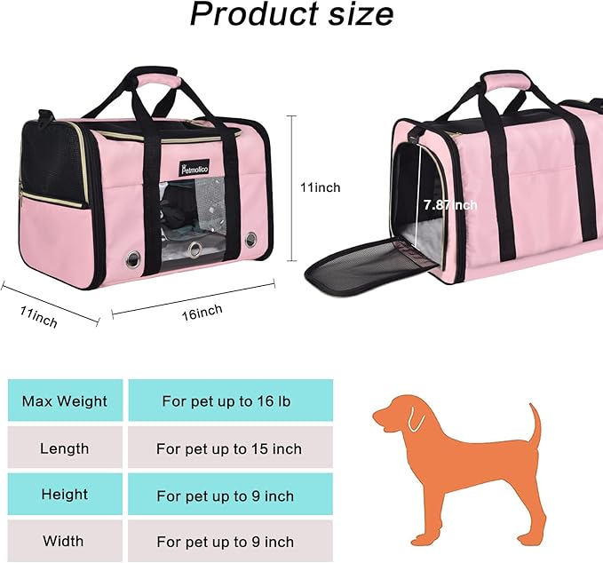 Petmolico Cat Carrier Soft-Sided Pet Bag for Small Medium Cats Puppies 16LBs - Airline Approved Pet Travel Carrier 3 Open Doors (Medium,Pink)