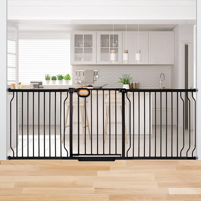 owlie Baby Gate Indoor 75-85 Inch, Extra Wide Safety Gate for Dogs Large Stairway Gate Adjustable Baby Gates Pressure Mount Wide Gate for Pet Stairway Doorway No Drilling Black (30.5'' Tall)