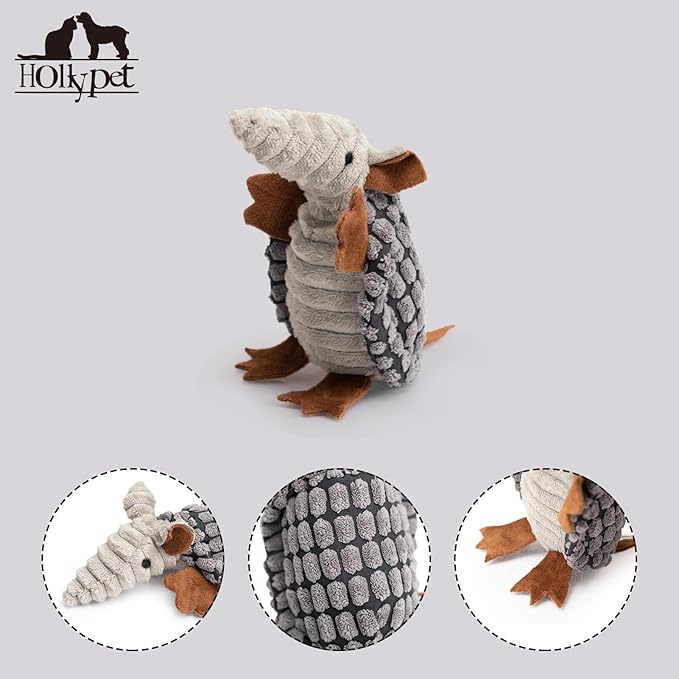 Hollypet Plush Dog Squeaky Toy Stuffed Armadillo Animal Pet Puppy Chew Toys with Clean Teeth for Small Medium Large All Breed Sizes Dogs, Dark Gray, 6 in