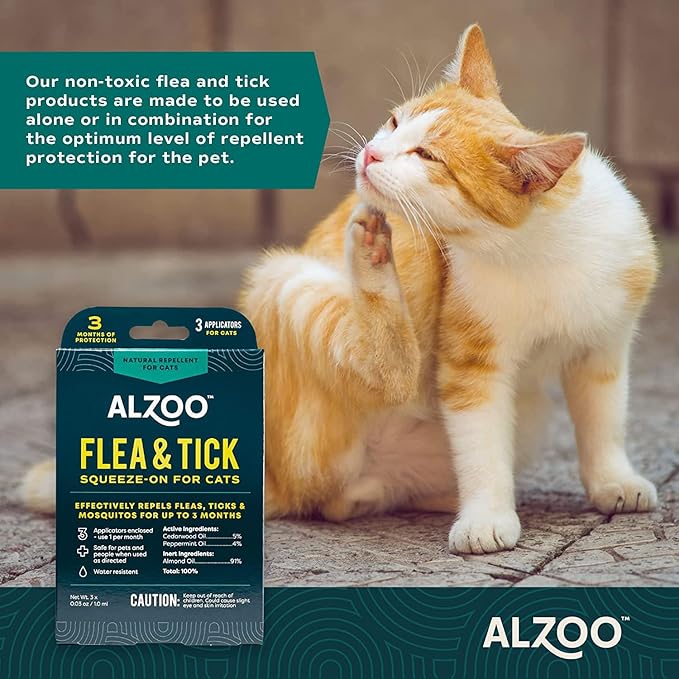 Natural Flea & Tick Squeeze-On for Cats, Helps Repel Fleas, Ticks & Mosquitos, Up to 3-Months Protection, Plant-Based Active Ingredients, Water-Resistant, 3 EZ-On Applicators Per Pack