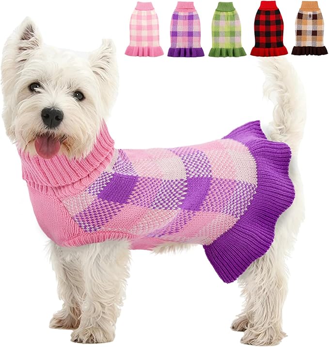 Dog Sweater Dress Plaid Knitwear for Small Medium Dogs Warm Puppy Pet Turtleneck Stretch Pullover Cute Fall Winter Vest Clothes with Leash Hole for Christmas (Purple, L)