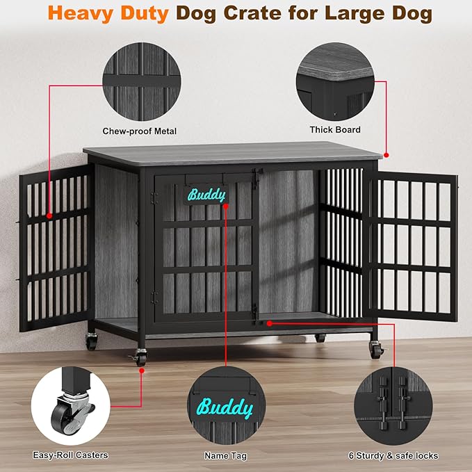 EasyCom 41"/33"/27" Dog Crate Furniture with Name Tag, Heavy Duty Dog Kennel Indoor for Medium Dogs, Double-Doors Sturdy Metal Dog Cage for Anxiety Dog, Decorate House as TV Stand, End Table