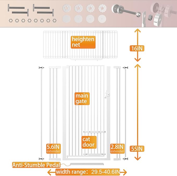 71" Extra Tall Cat Gate 29.5-40.6 Wide Pet gate for Doorway Pet Gate with Cat Doors NO Drilling Pressure Mount Kit for Cats and Dogs Indoor Doorways liveing Room Bedroom-White