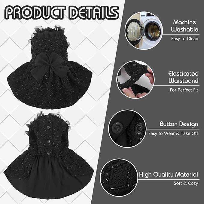 Kuoser Dog Dress, Cute Dog Dresses for Large Dogs Girl Elegant Puppy Tutu with Bow-Knot, Doggie Princess Costume Pet Outfit for Birthday Party Christmas Halloween Wedding, Black XL