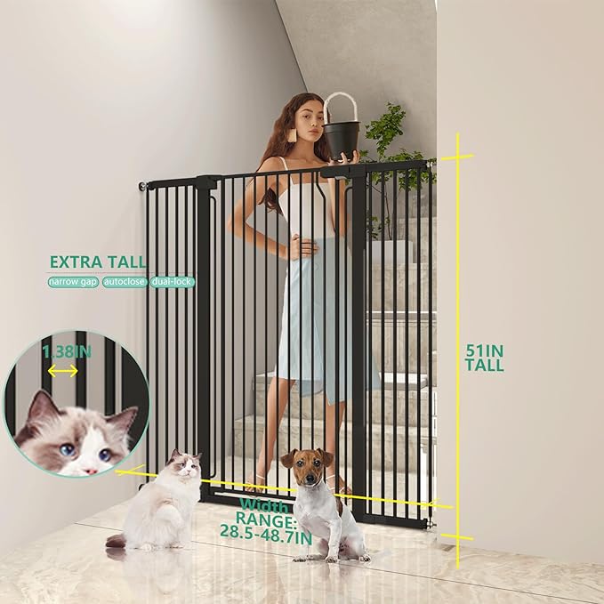 51" Extra Tall Cat Gate for Doorway Auto Close Encrypted Cat Gate 28.5"-48.7" Adjustable Width Pet Gate Include 5.5" and 8.26" Extension Kits No Drilling Pressure Mount Kit