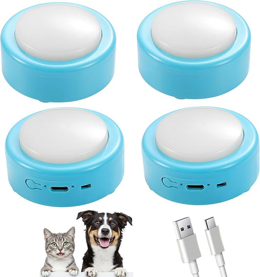 Talking Buttons for Cats and Dogs, Set of 4 Blue Rechargeable Buttons with Voice Recording for Pet Communication, Long Standby Time, Puppy & Kitten Easy Press Training Buzzer