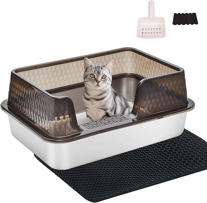 Medium Low Entry Enclosed Stainless Steel Cat Litter Box with lid Scoop and Pads Easy Clean Kitten Kitty Transparent Black Metal Litter Box