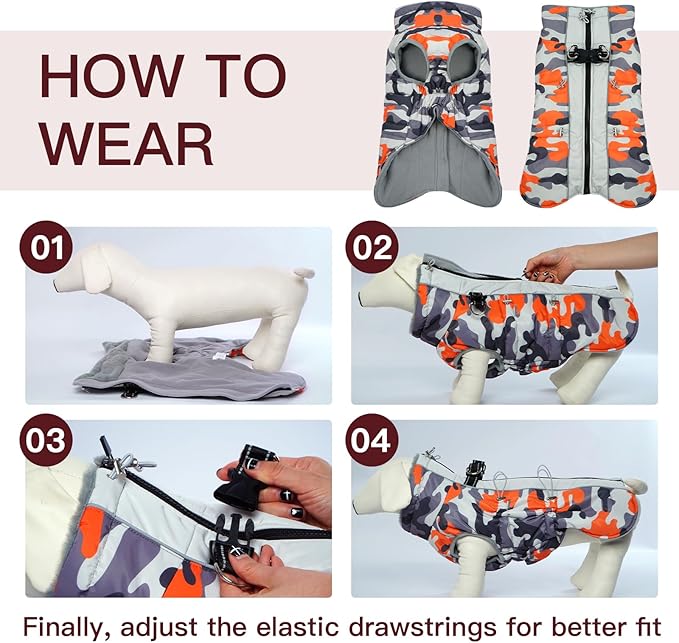 Dog Coat Dog Winter Jacket-3X Large, Warm Dog Coat Zip Up Snowsuit Dog Harness Vest Reflective Water-Resistant Dog Coat Dog Snow Jacket for Large Dogs Labrador, Huskyn, Orange-Camouflage