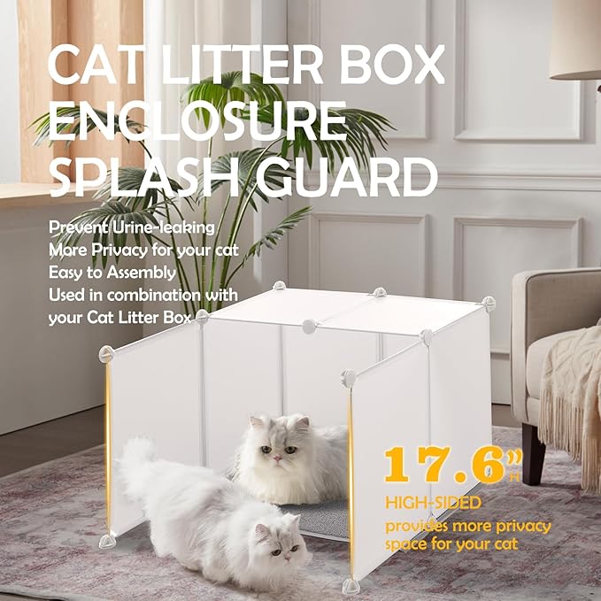 MEEXPAWS Cat Litter Box Enclosure Splash Guard XXL 27.9L × 27.9W x 31.5H inch, Light Weight Plastic Sheets with Cat Litter Mat Easy Clean (White)
