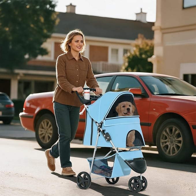Cat Dog Stroller,3-Wheels Pet Stroller for Medium/Puppy Dogs 30 Lbs, with Storage Basket and Cup Holder, Breathable Mesh Mint