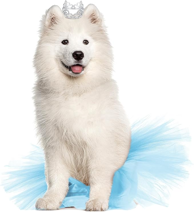Hillban 2 Pcs Dog Crown Headband Dog Tutu Dress Set Crystal Rhinestone Tiara Crown Tutu Skirt Pet Dress Costume for Puppy Birthday Party Wedding Photo Prop Costume(Blue,X Large)