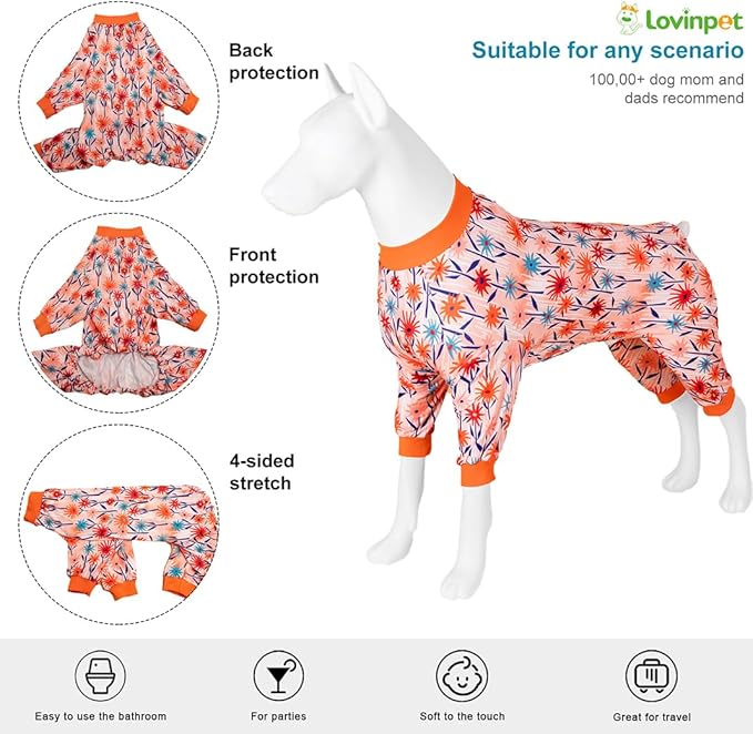 LovinPet Large Dog Clothes Female, Long Sleeve Shirt for Dogs, Anti Licking Dog Pajamas,Stretchy Comfy Fabric, Wildflowers Flame Print, Pajamas for Pitbulls, Onesies for Dogs, Pitbull Clothes,3XL