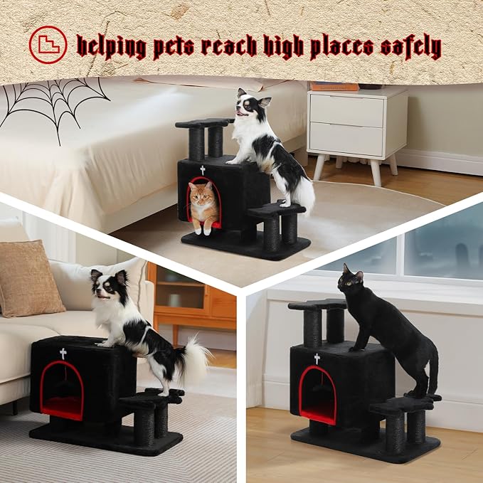 Gothic 3-in-1 Dog Stairs & Cat Scratching Post with Condo - Pet Steps for High Beds, Sofa & Couch, 3-Tier Cat Tower with Sisal Scratching Pad for Small Dogs, Cats & Kittens, Black