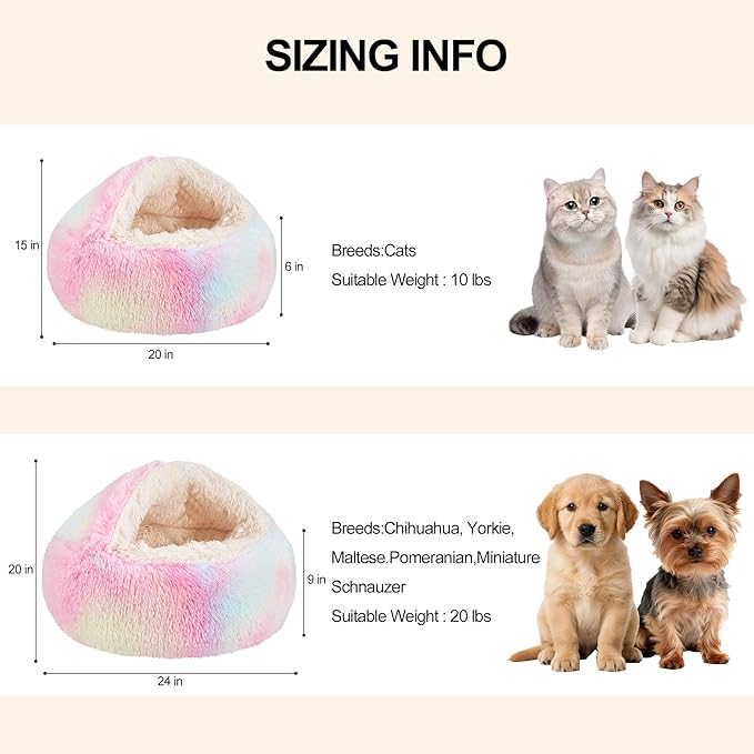 Calming Dog Beds & Cat Cave Bed with Hooded Cover,Removable Washable Round Beds for Small Medium Pets,Anti-Slip Faux Fur Fluffy Coved Bed for Improved Sleep,Fits up to 15/25 lbs(Colorful,M)