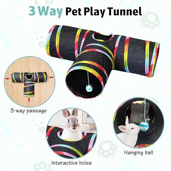 BNOSDM Bunny Tunnels, Collapsible 3 Way Rabbits Tunnel and Tubes with Chew Toys, Small Animals Hideout for Indoor Rabbit Bunny Guinea Pigs Ferret Kitten